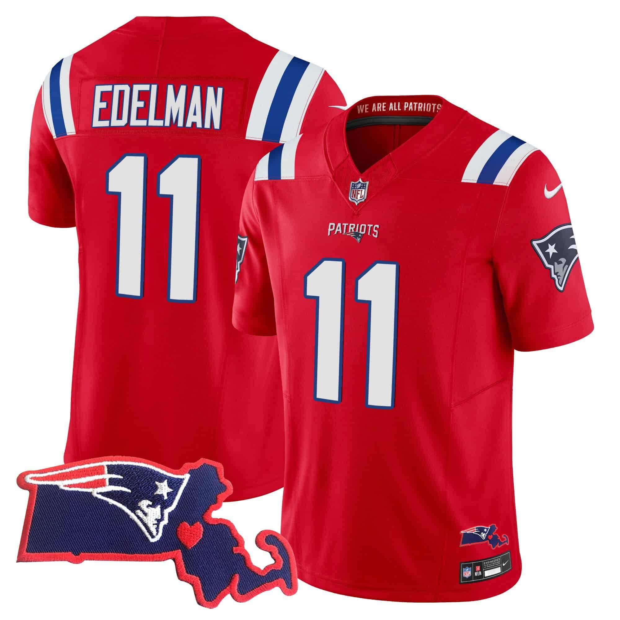 Men New England Patriots #11 Edelman Red 2024 Nike Patch Vapor Limited NFL Jersey